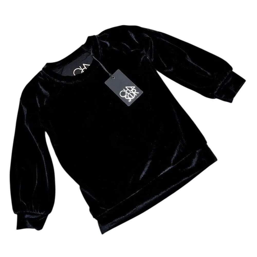 Chaser Girls Size 6 Black Velvet Long Sleeve‎ Crew Neck Pullover Sweatshirt NWT